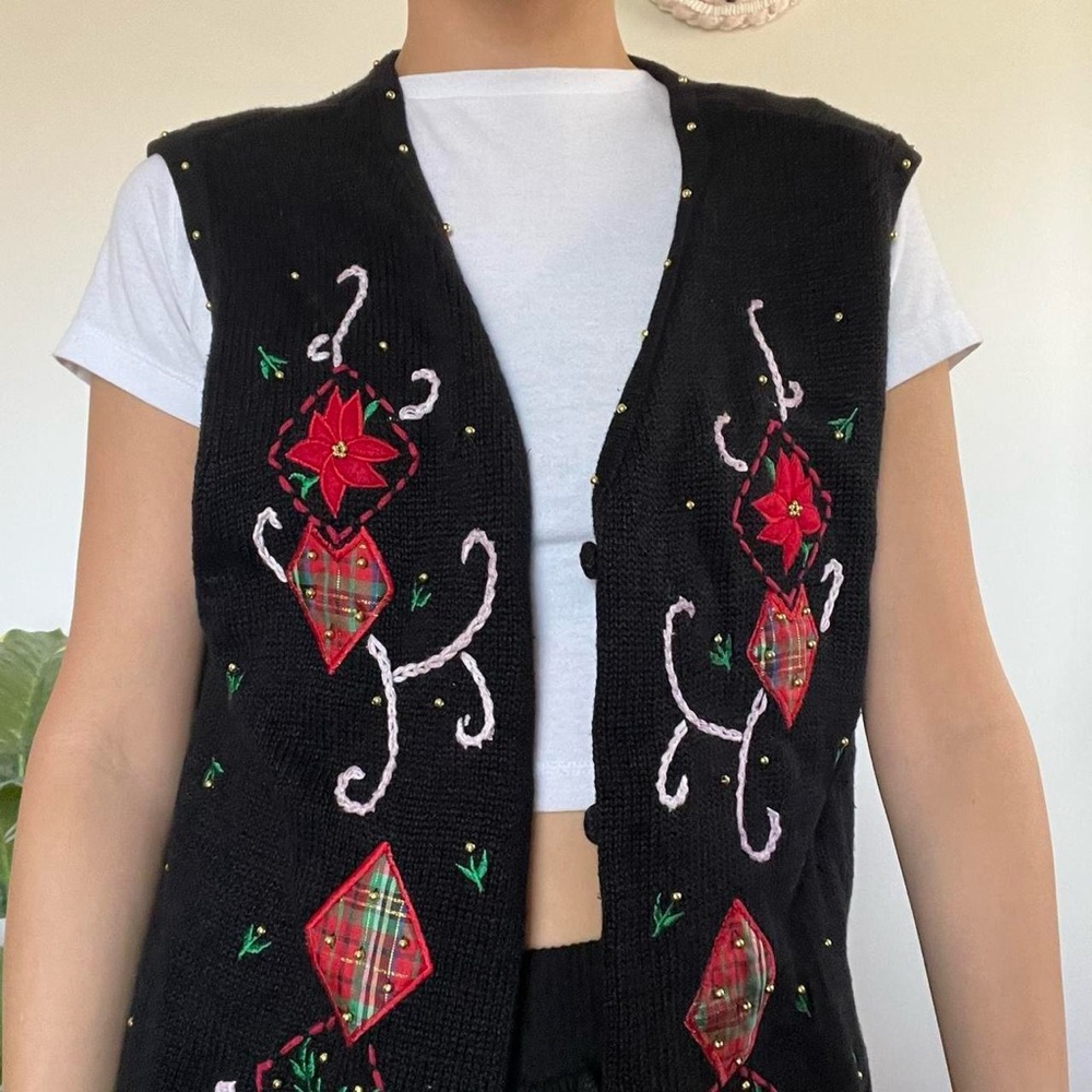Vintage black Christmas Holiday knitted sweater vest size large - Picture 3 of 7